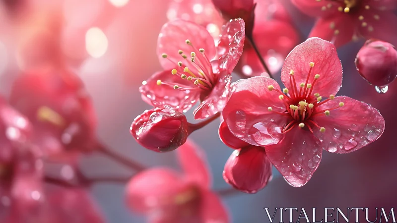 Crimson Blossoms Adorned with Morning Dew.