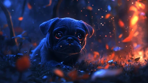 Small pug in glowing blue and orange forest scene.