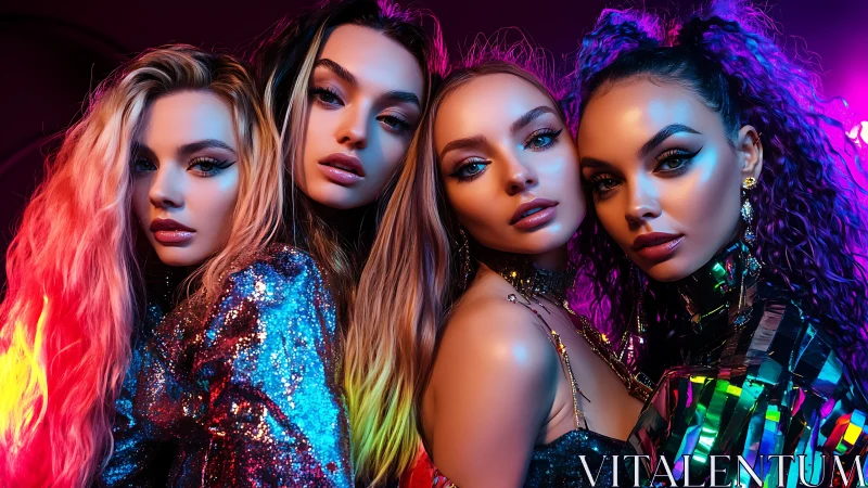 Chromatic nightclub portrait of four hyper-stylized models.