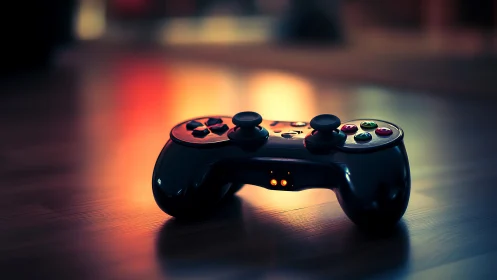 Black Gaming Controller with Illuminated Buttons Under Warm Diffuse Lighting