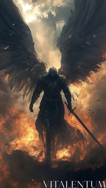 Ashborne seraph strides through stormfire with shadowed steel.