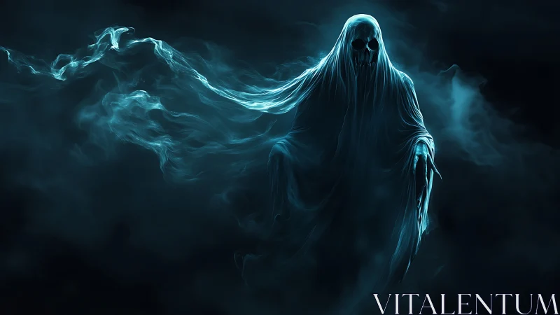 Spectral wraith drifts through swirling blue phantom mist.