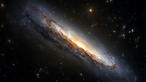 Oblique spiral galaxy renders core glow, dust lanes and starfield