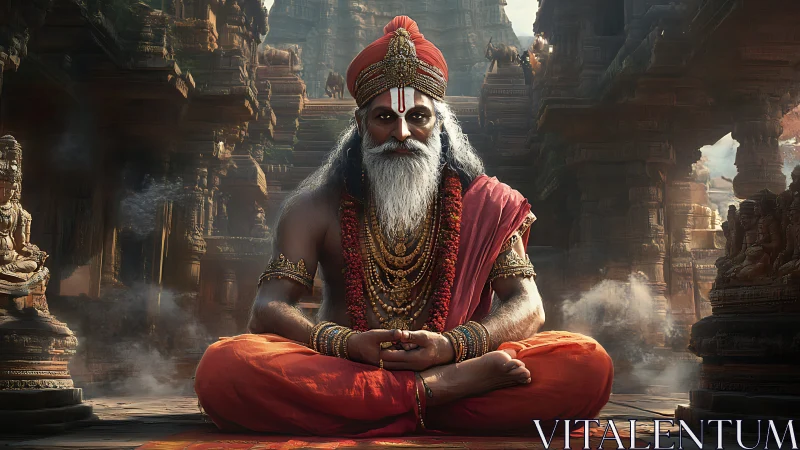Elderly guru seated in ornate temple rendered as digital painting