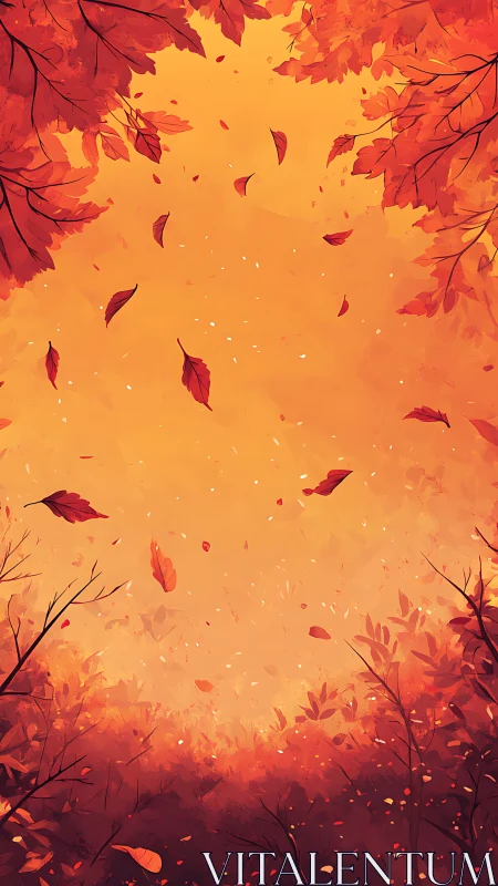 Vertical composition depicts falling leaves in orange forest