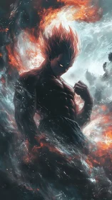 Celestial anime warrior emerges amid turbulent cosmic fire