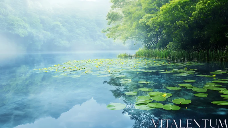 Misty forest lake with lily pads and mirrored reflections.