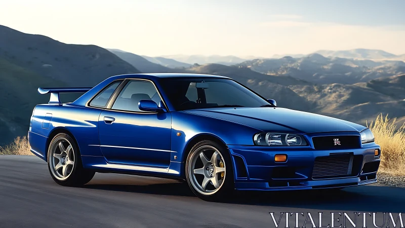 Iconic blue sports coupe shines on winding mountain road.