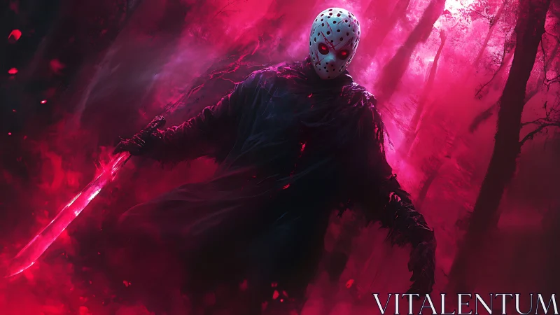 Bloodlit mask prowls through neon fog in a haunted forest