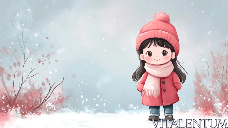 Cute winter girl illustration renders soft pastel snow scene