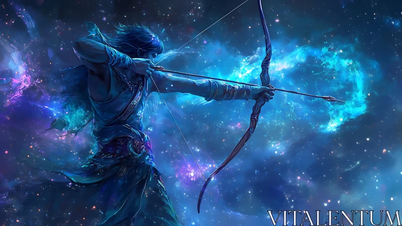 Archer draws glowing bow against dense star-filled nebula sky