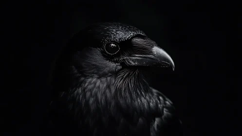 Black Raven Portrait Against Darkness.