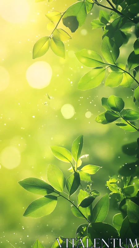 Sunlit green leaves with glowing bokeh and soft haze.