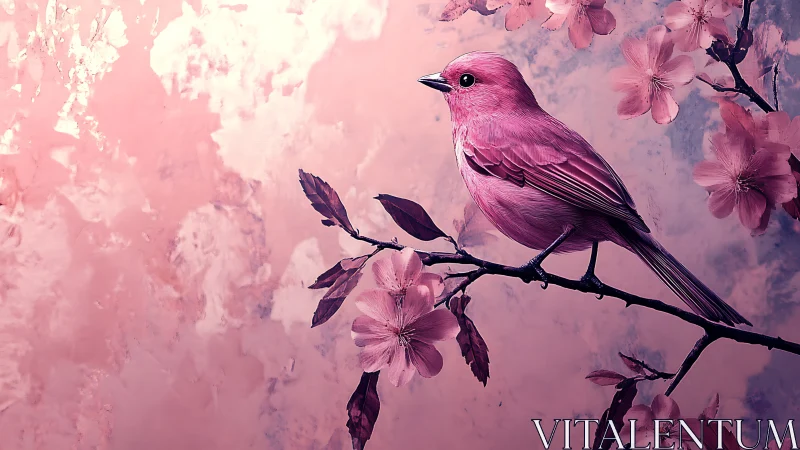 Pink songbird rests on cherry blossoms in soft light.