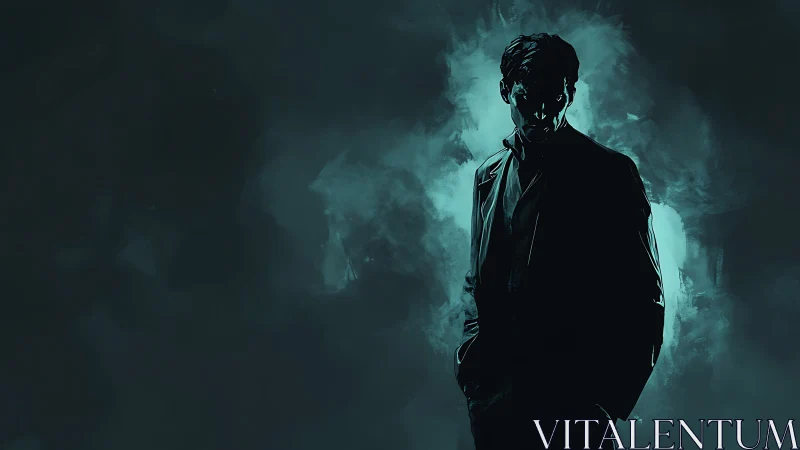 Silhouetted man in teal smoke with dramatic rim lighting.