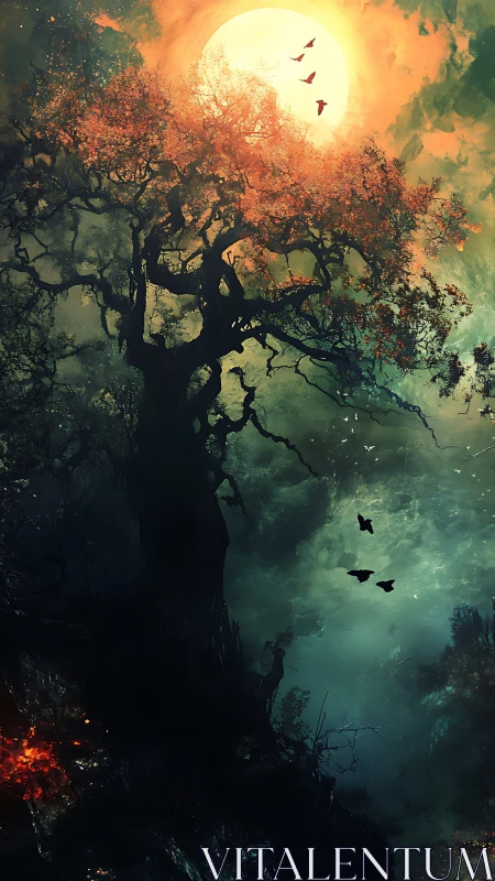 Moonlit forest giant with soaring twilight birds.