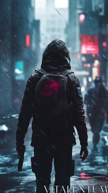 Hooded gunman advances through neon rain in dystopian alley