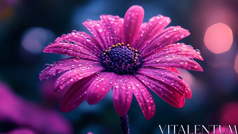 Macro pink daisy with dewdrops under neon bokeh light.