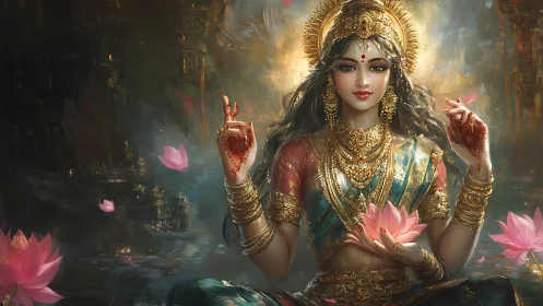 Divine goddess portrait with lotus flowers and ornate gold jewelry