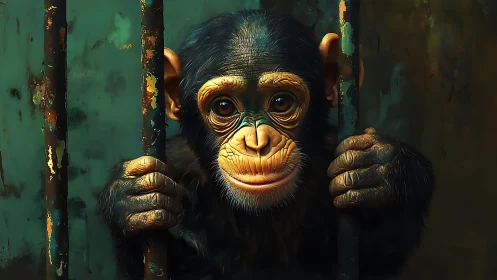 Young chimpanzee grips corroded metal bars with hyperreal detail