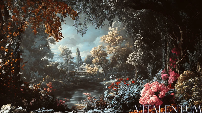 Whispering autumn garden cradles a distant riverside villa