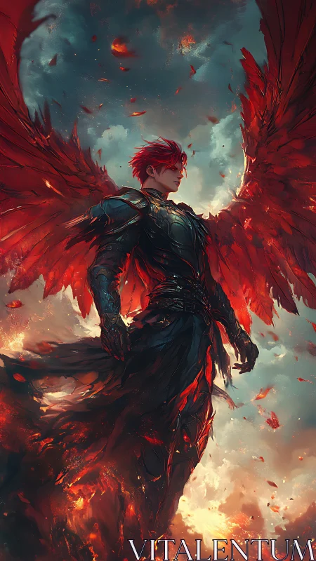 Fiery winged warrior rises through stormlit embers sky.