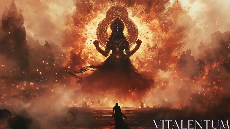 Giant fiery deity figure confronts lone robed silhouette