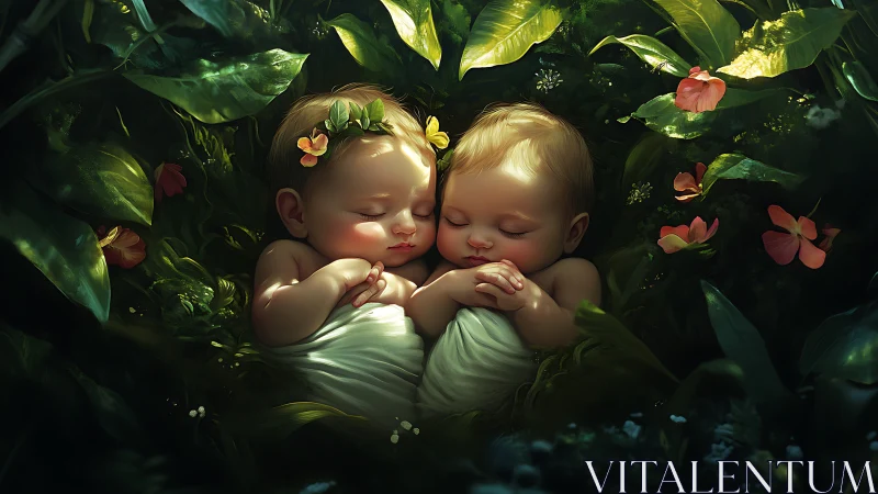 Twin babies sleeping in lush green foliage and flowers.