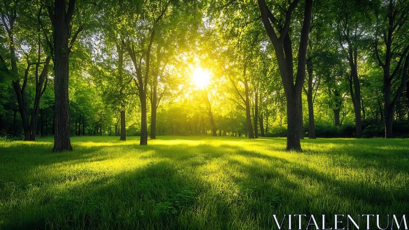 Sunlit Forest Clearing with Lush Greenery in Morning Light.