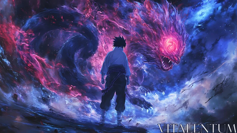 Stormlit warrior facing cosmic spirit of roaring flame.