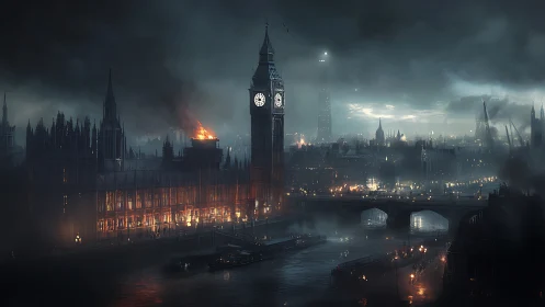 Digital night view shows London riverside with localized fire