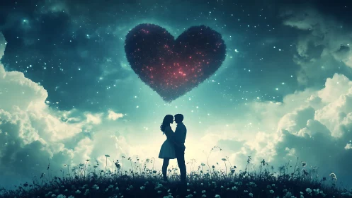 Couple beneath luminescent heart in starlit sky