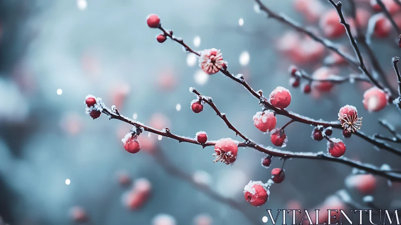 Snow covered red berries on thin branches in soft focus.