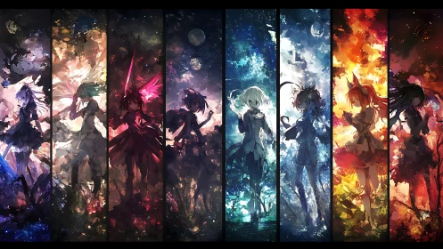 Spectral anime silhouettes across chromatic elemental panels.