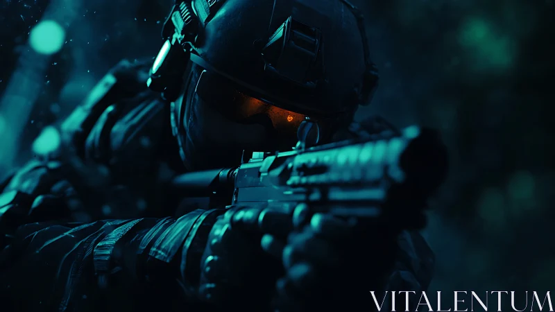 Night patrol soldier steadies aim under moody blue light