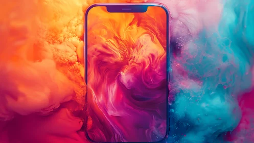 Smartphone with abstract fluid gradient background display.