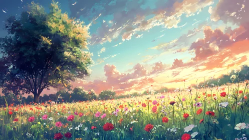 Luminous meadowscape with single tree under stratified sunset sky.