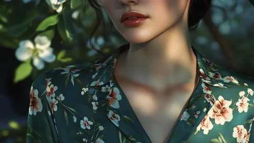 Floral whisper on soft lips beneath dappled garden light.