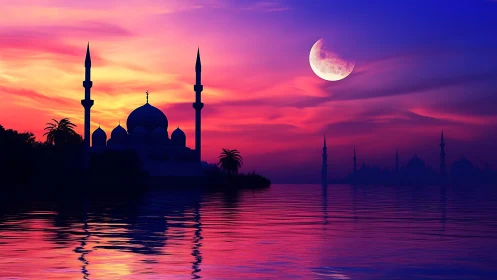 Silhouetted mosque stands by reflective water under crescent moon