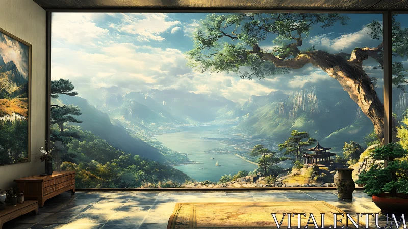 Serene lakeside mountains extend beyond a tranquil room.