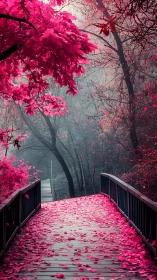 Pink leaf-covered bridge leads into a dreamy misty forest