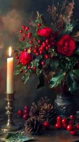 Candlelit holiday bouquet glows beside pinecones and berries.
