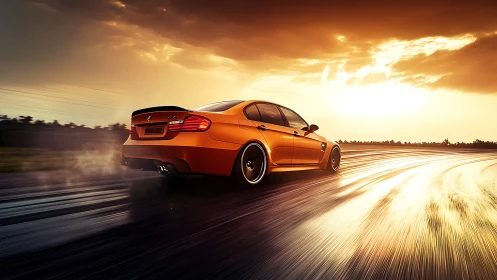 Orange performance sedan accelerates across wet track at sunset