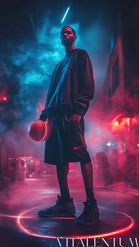 Basketball player stands in neon lit alley with colored smoke