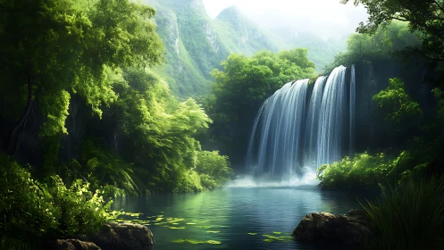 Luminescent forest waterfall cascades into tranquil basin