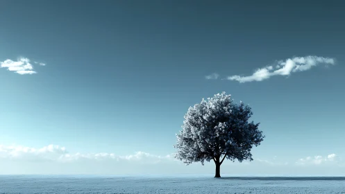 Solitary Tree in Frosty Field Under Clear Blue Skies, Minimalist Style.