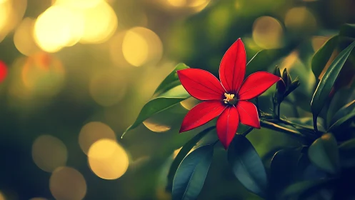 Red five-petaled flower with green foliage displayed in sharp focus