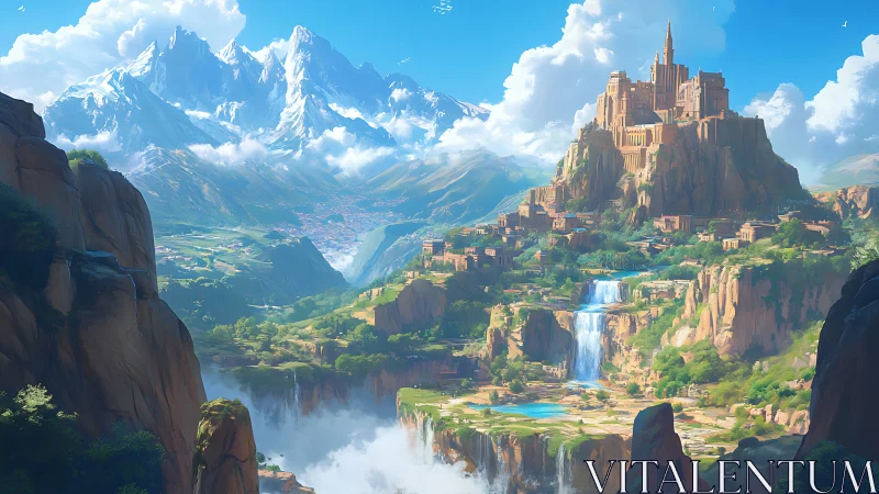 Epic fantasy citadel on cliffs with layered alpine backdrop.