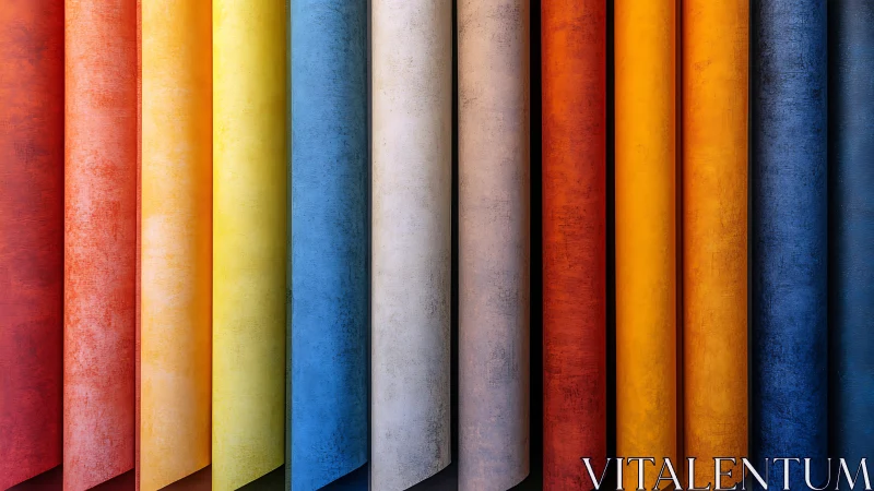 Colorful vertical fabric rolls form a textured rainbow wall.