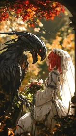 Bride with red hair faces dark beast under autumn arch
